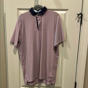 Men's pink and navy striped Greyson golf shirt. Size large